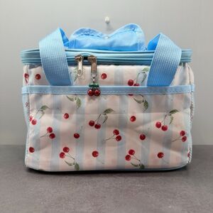 Kawaii Cherry Lunch Tote Bag Insulated Box Blue Stripe Retro